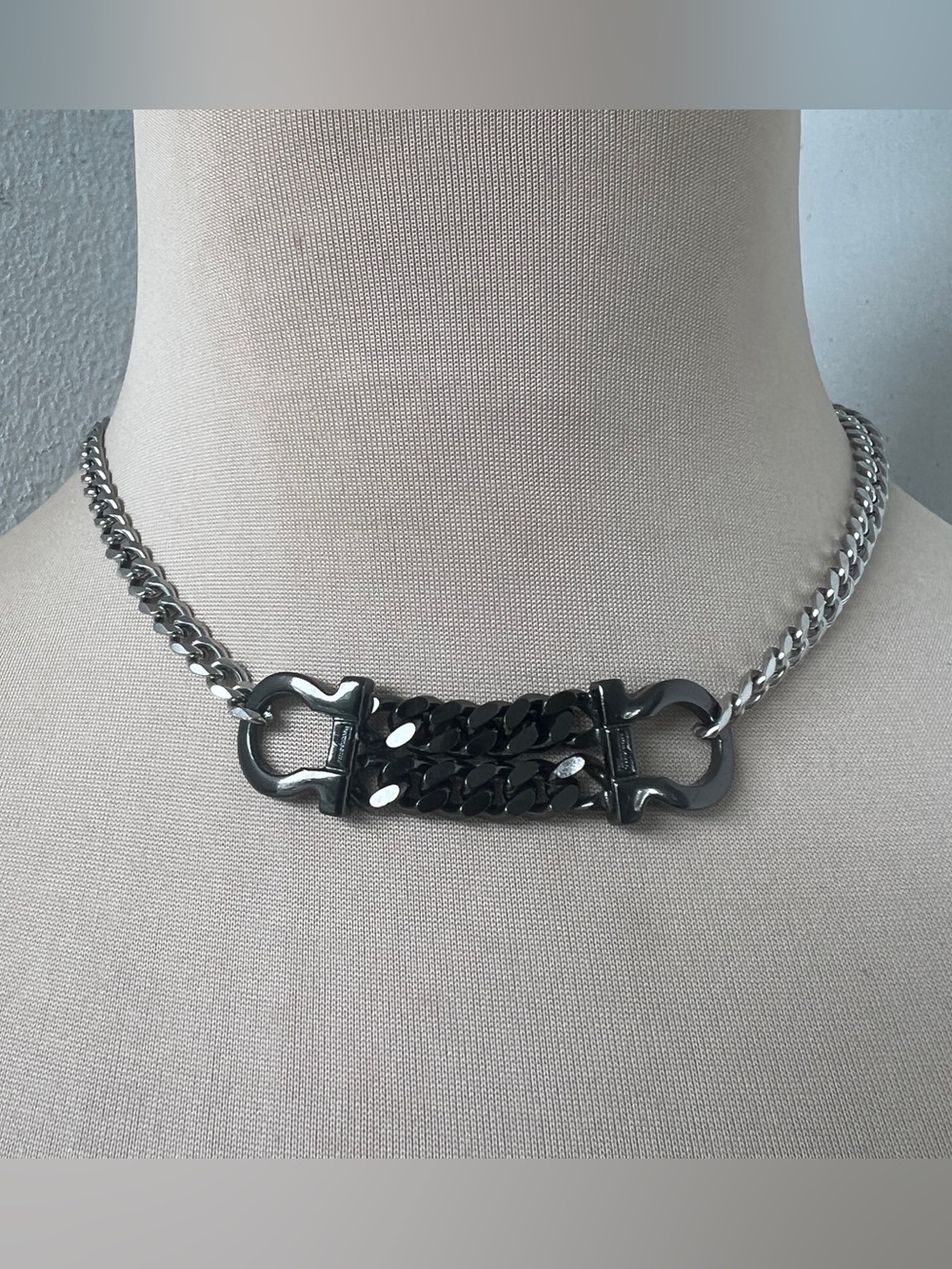 Vintage Ferragamo Choker Necklace | Y2K Gunmetal Silver Custom Curb Chain 15”